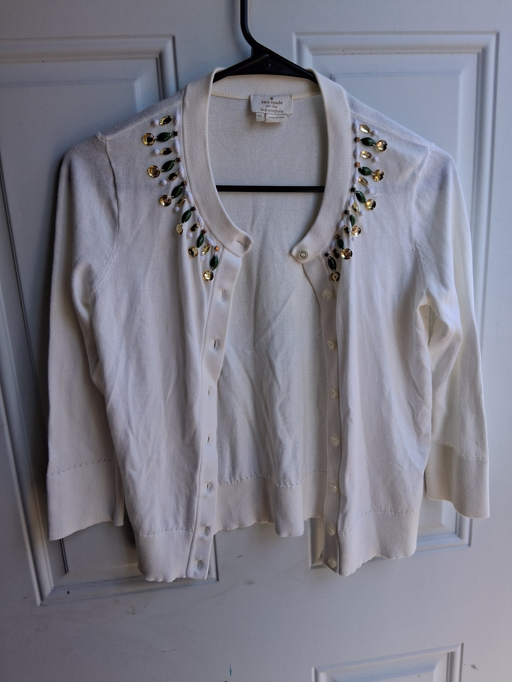 kate spade White Cardigan with Gold and Green Sequin Accents